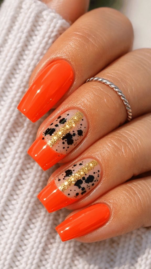 Bright orange coffin nails with a leopard print and gold glitter accent nail