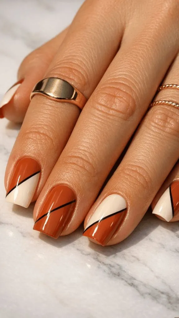 Burnt orange nails with cream and black diagonal line accents