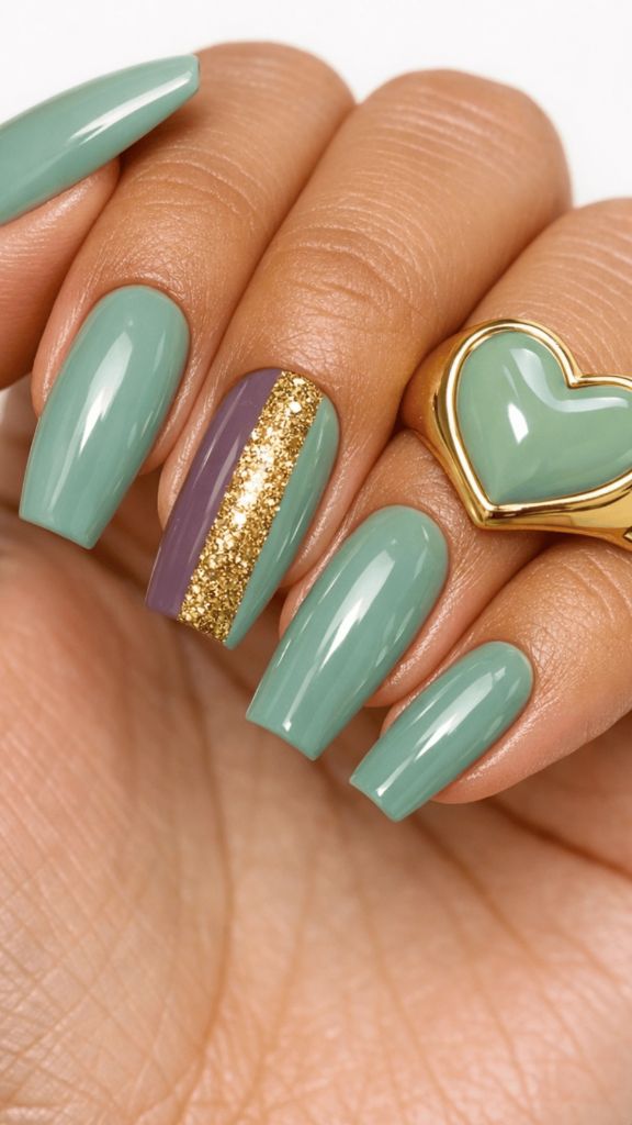 Long coffin nails in a muted sage green with one accent nail featuring a vertical gold glitter stripe on a lavender base
