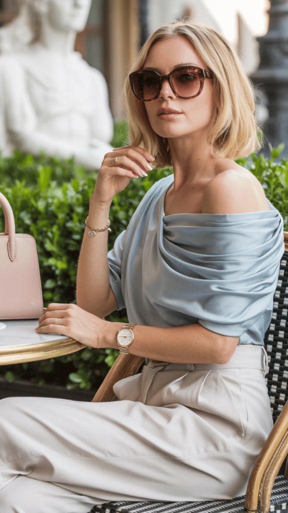 Powder blue draped off-shoulder top with cream trousers, pink bag, and sunglasses at a café