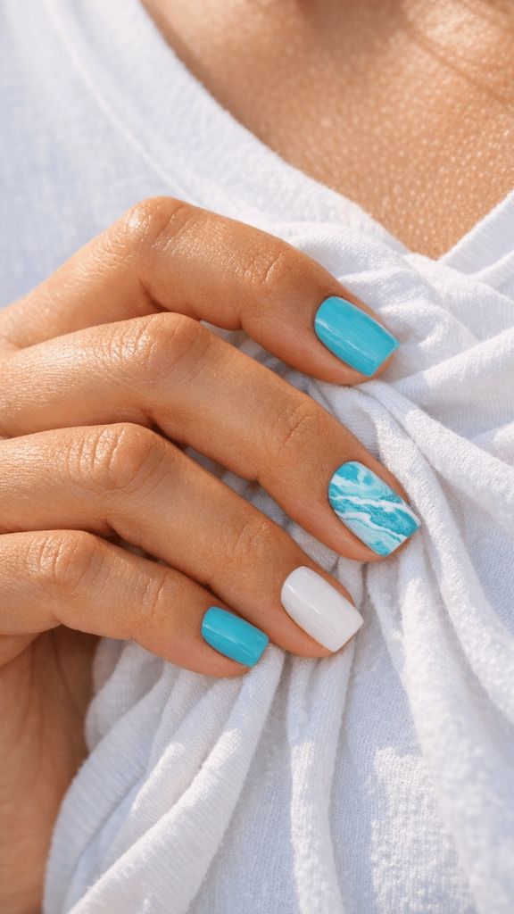 Turquoise nails with ocean marble accent
