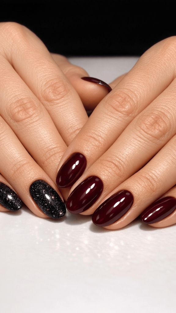 Dark berry nails with black glitter accent