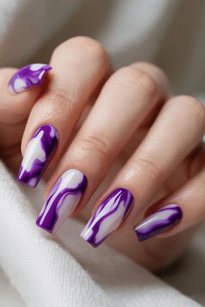 Purple And White Marble Swirl Nails