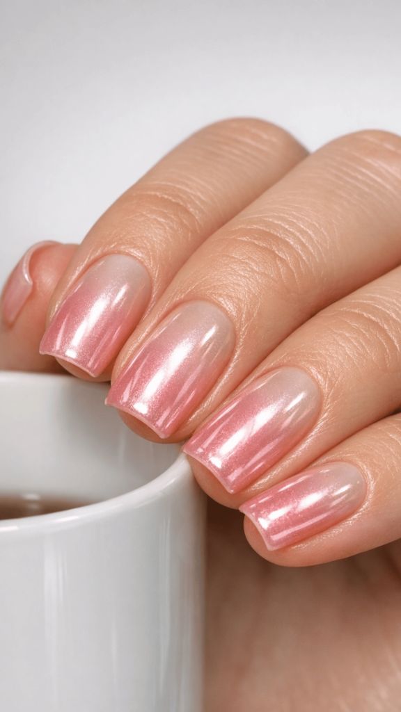 Square nails with pearlescent pink shimmer gel