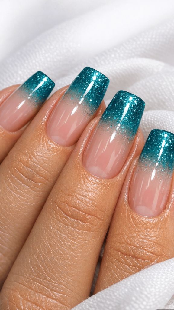Square nails with teal glitter ombré French tips