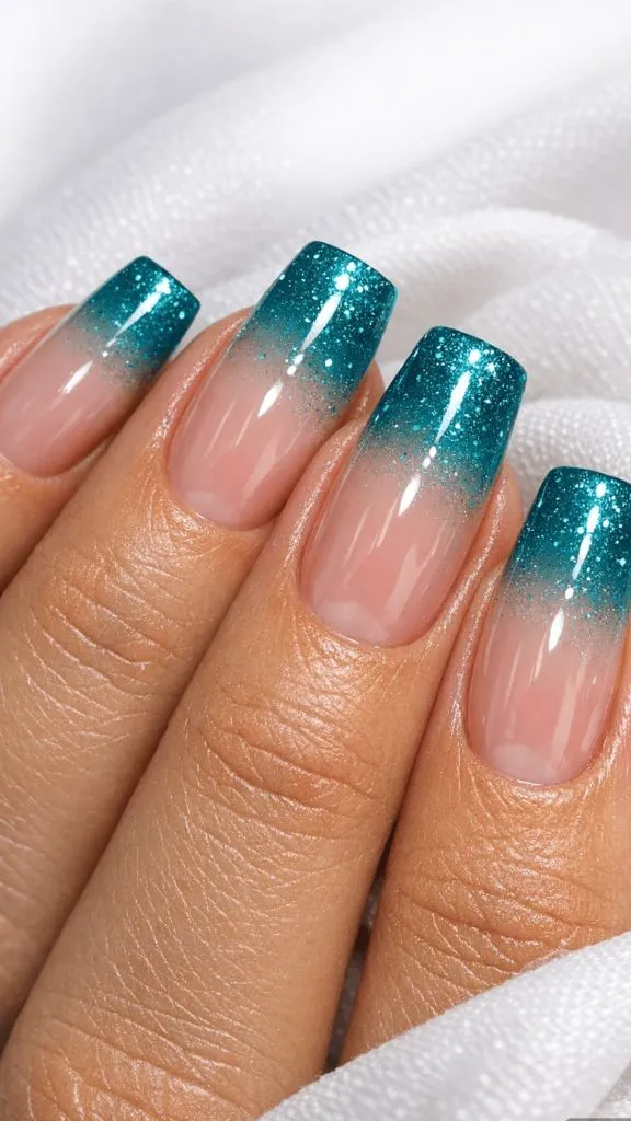 Square nails with teal glitter ombré French tips