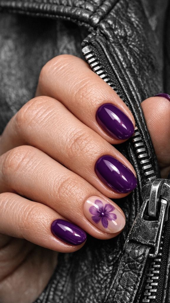 Deep plum purple nails with floral accent nail