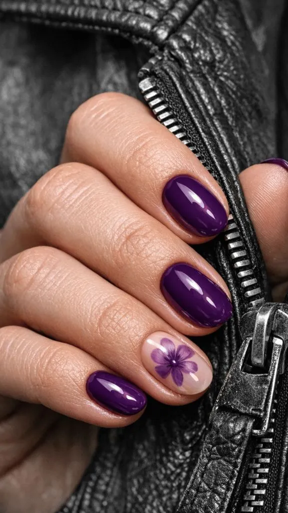 Deep plum purple nails with floral accent nail