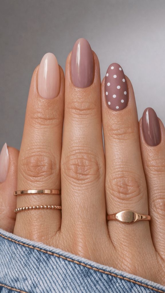 Almond nails in gradient nude tones with white polka dot accent