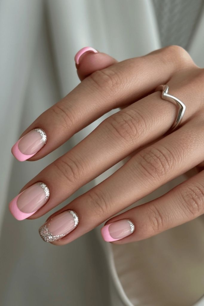 Pink French Tips With Glitter Line