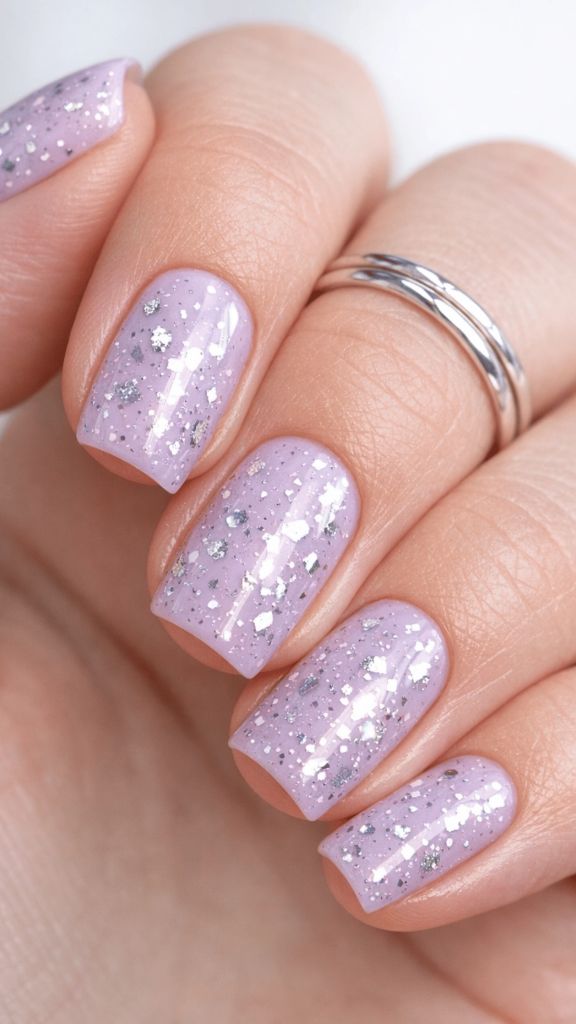 Short square nails in a soft lavender shade with scattered silver and glitter confetti flecks throughout
