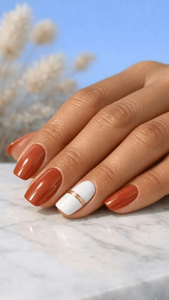 Terracotta nails with white accent nail and gold line