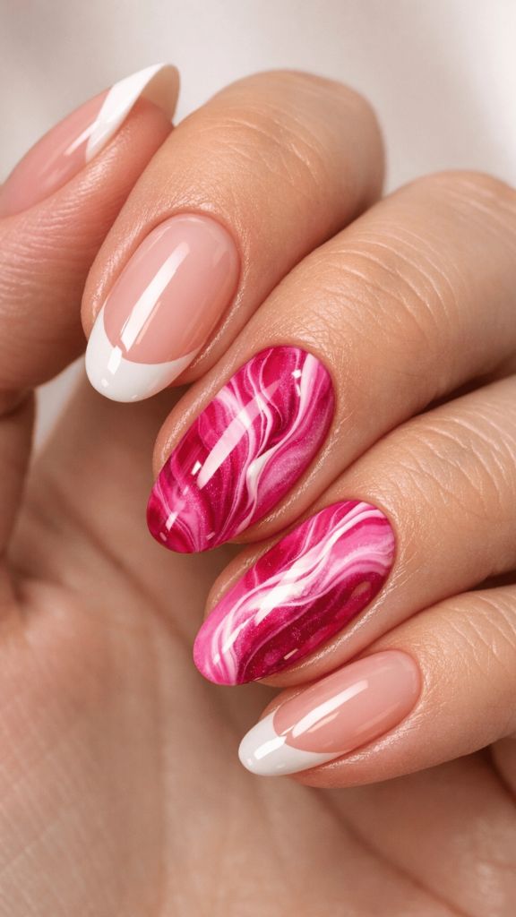 Pink Marble French Oval Nails