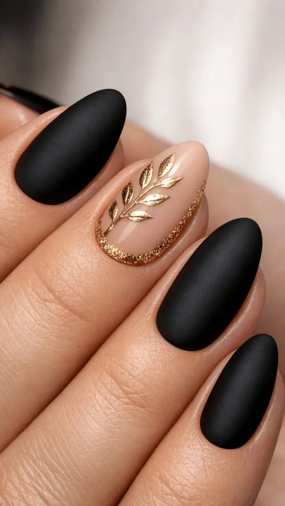 Matte Black Gold Leaf Oval Nails