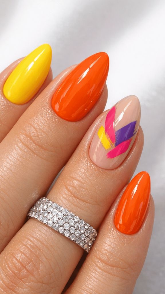 Yellow Orange Brushstroke Oval Nails