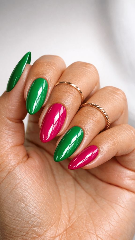 Green and Pink Alternating Nails