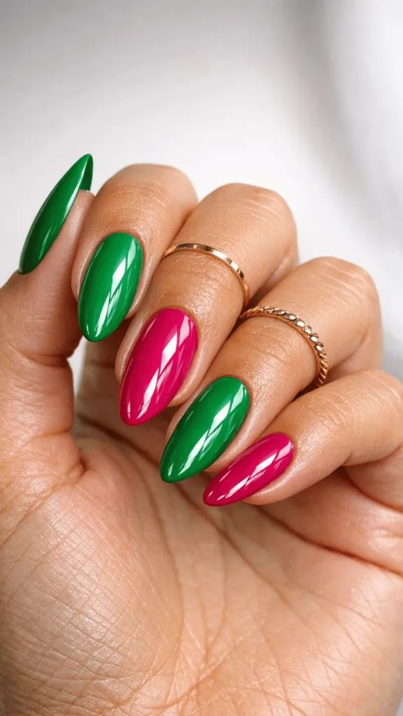 Green and Pink Alternating Nails