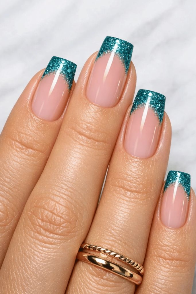 Teal Glitter French Tips