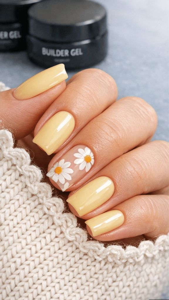 Butter yellow nails with daisy flower accent nail