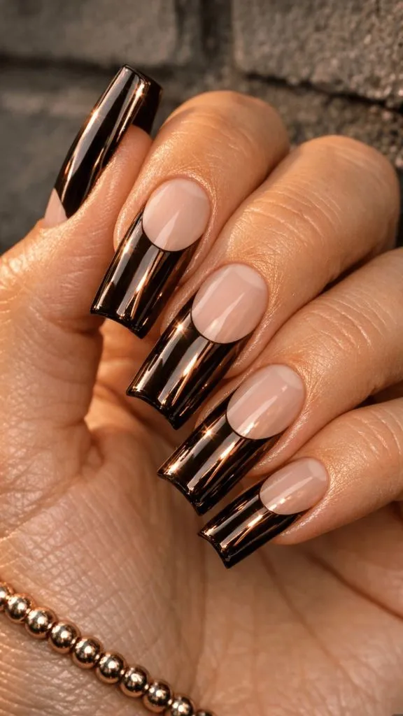 Long coffin nails with black chrome French tips