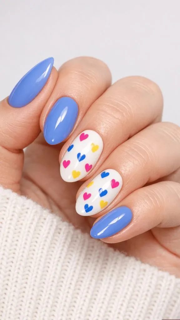 Periwinkle blue nails with colorful heart accent nails
