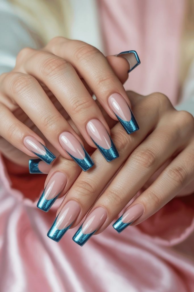 Teal Glitter V-Tip French Nails