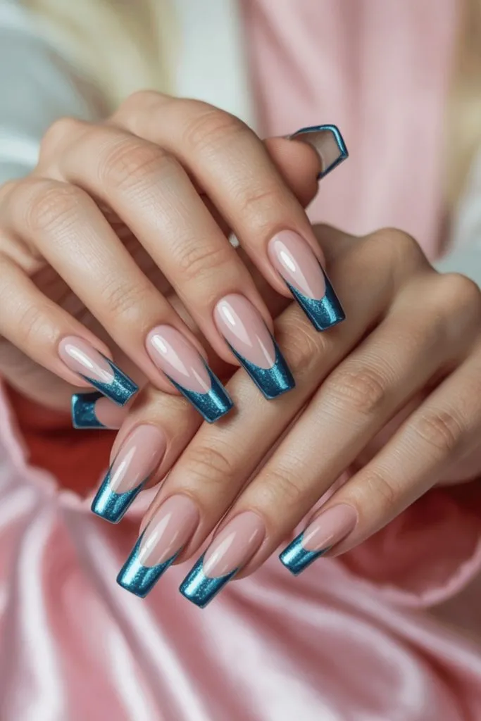 Teal Glitter V-Tip French Nails