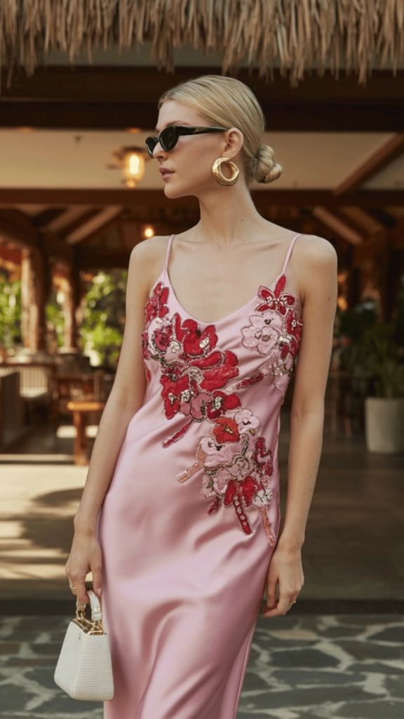Pink satin slip dress with red floral embroidered appliqué, sunglasses, and white mini bag