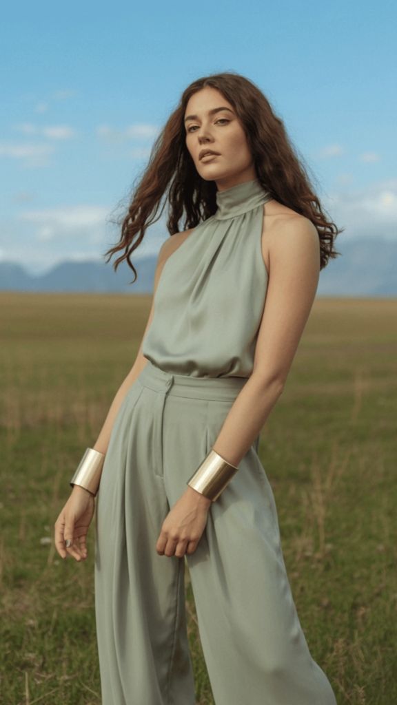 Sage green halter top with matching wide-leg trousers and gold cuff bracelets in a field
