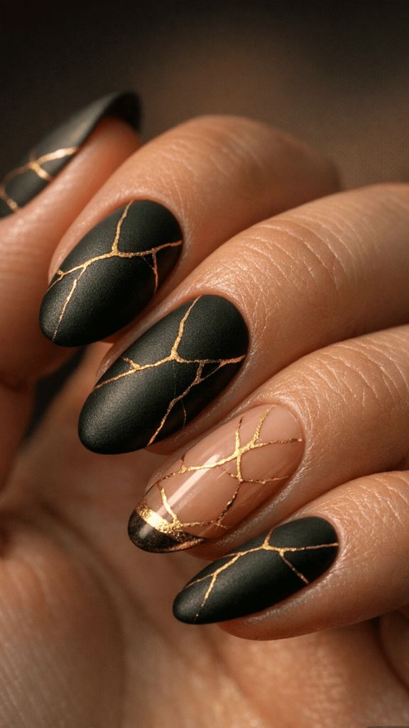 Matte black almond nails with gold kintsugi-inspired crackle lines