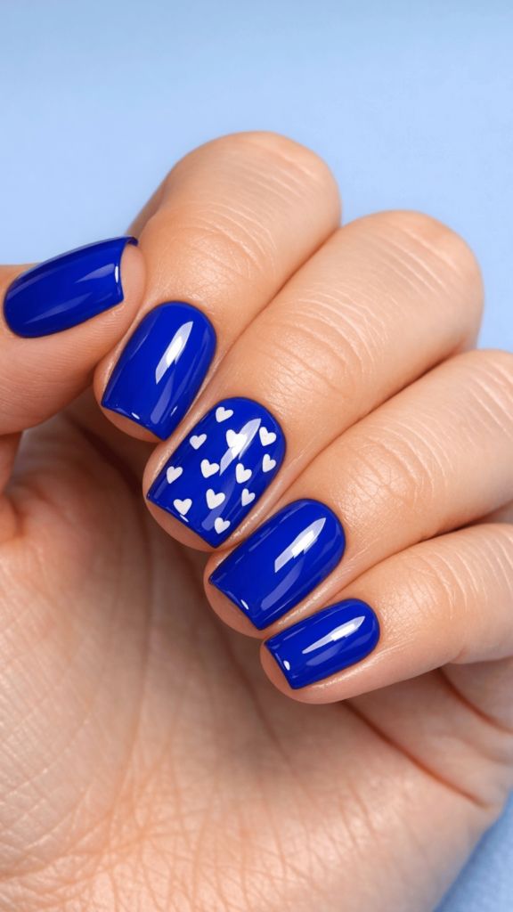 Royal blue nails with white hearts accent