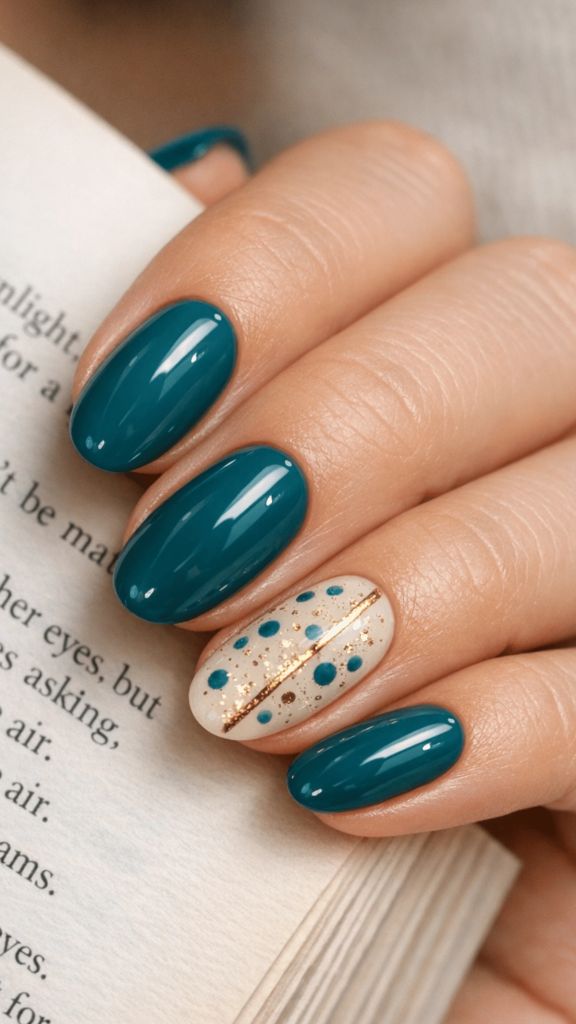 Teal Dots and Gold Glitter Oval Nails