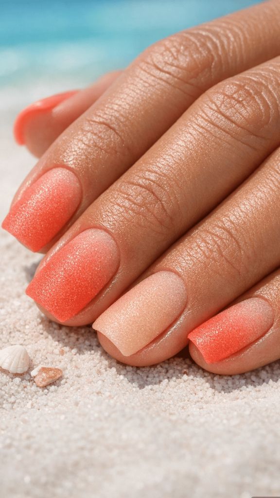Square nails with coral-to-nude textured ombré on sand