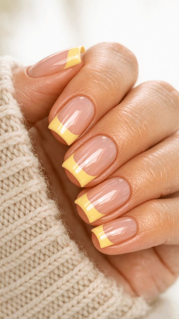 Short round nails with a nude base and soft yellow French tips