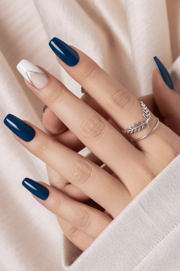 Deep Teal and White Accent Nails