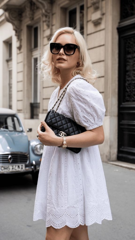 White eyelet puff-sleeve dress with black Chanel bag