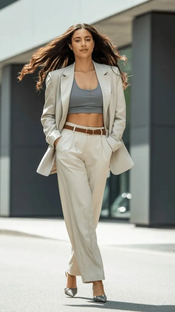 Oversized cream blazer with gray crop top and wide-leg trousers