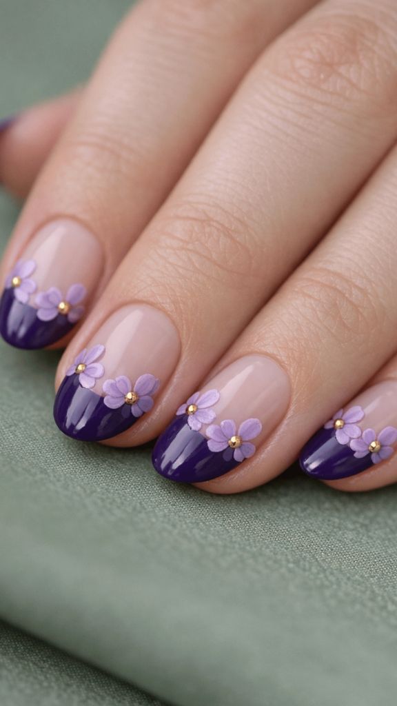 Nude nails with deep purple curved French tips adorned with delicate lavender flowers and gold bead centers