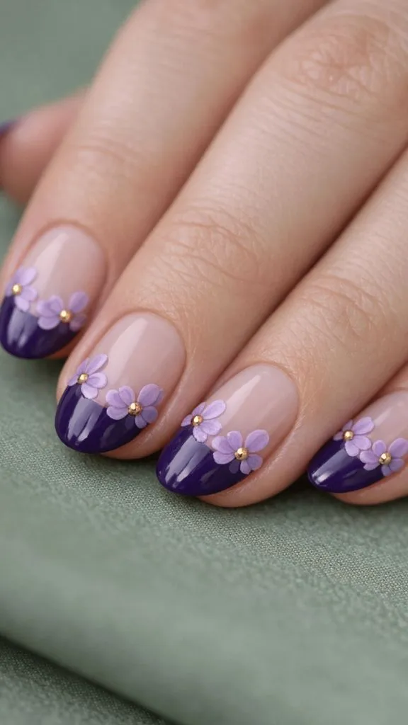 Nude nails with deep purple curved French tips adorned with delicate lavender flowers and gold bead centers
