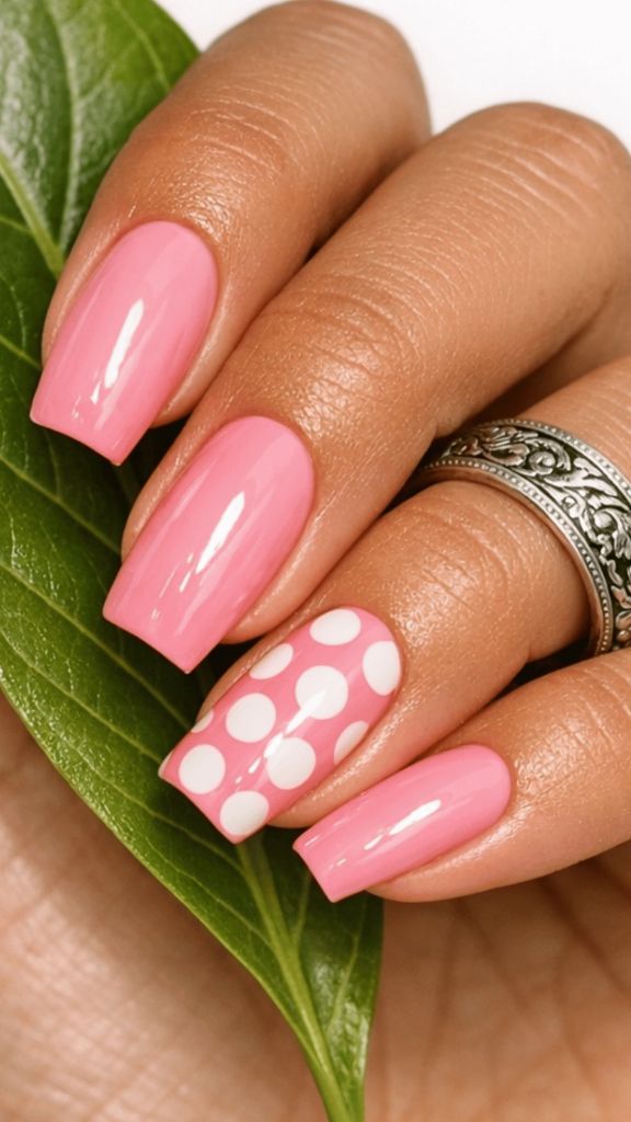 Coffin-shaped nails in bubblegum pink with one accent nail featuring large white polka dots on the pink base