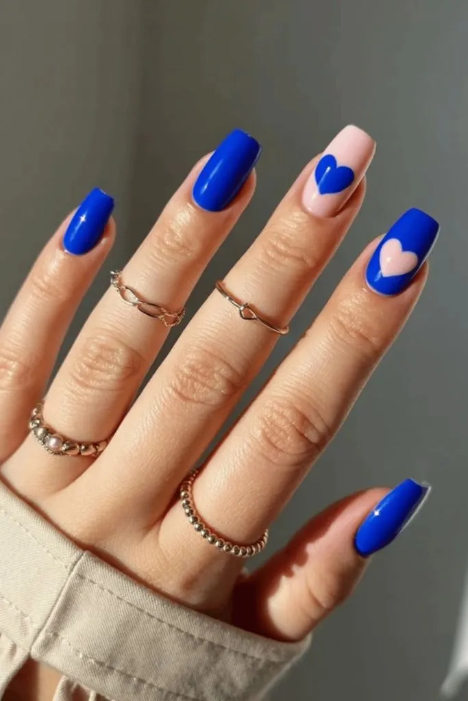 Royal Blue Heart Accent Nails