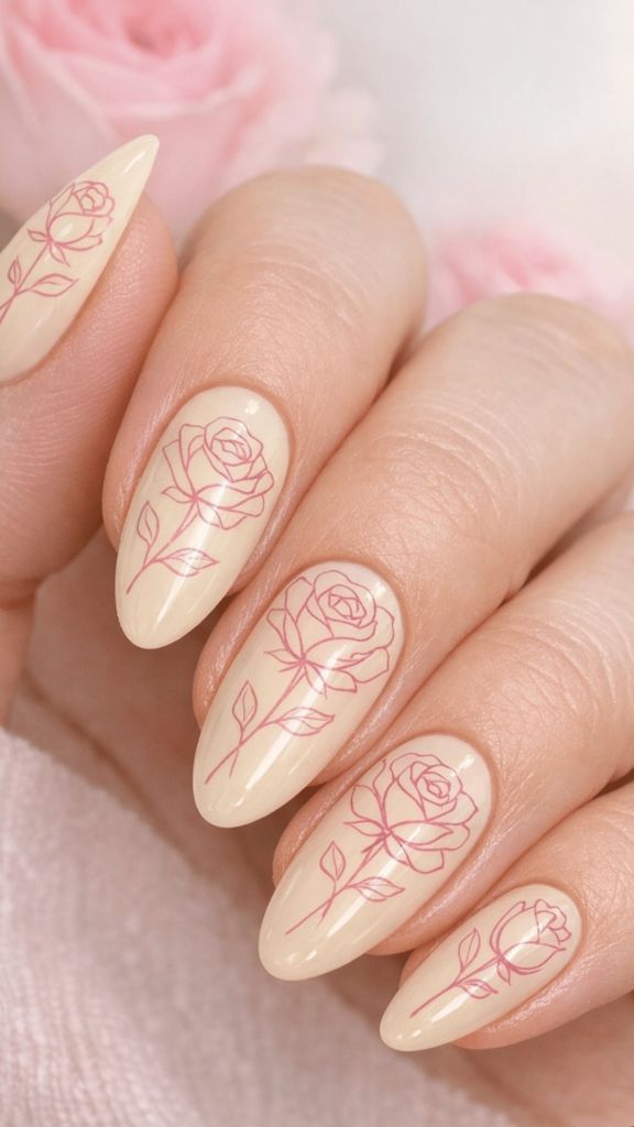 Rose Line Art Oval Nails