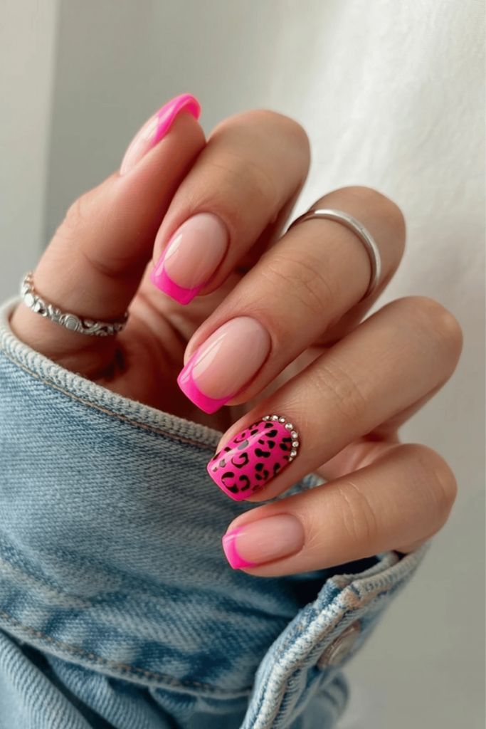 Hot Pink French Tips With Leopard Accent