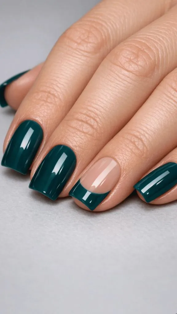 Deep teal gel nails with negative space accent