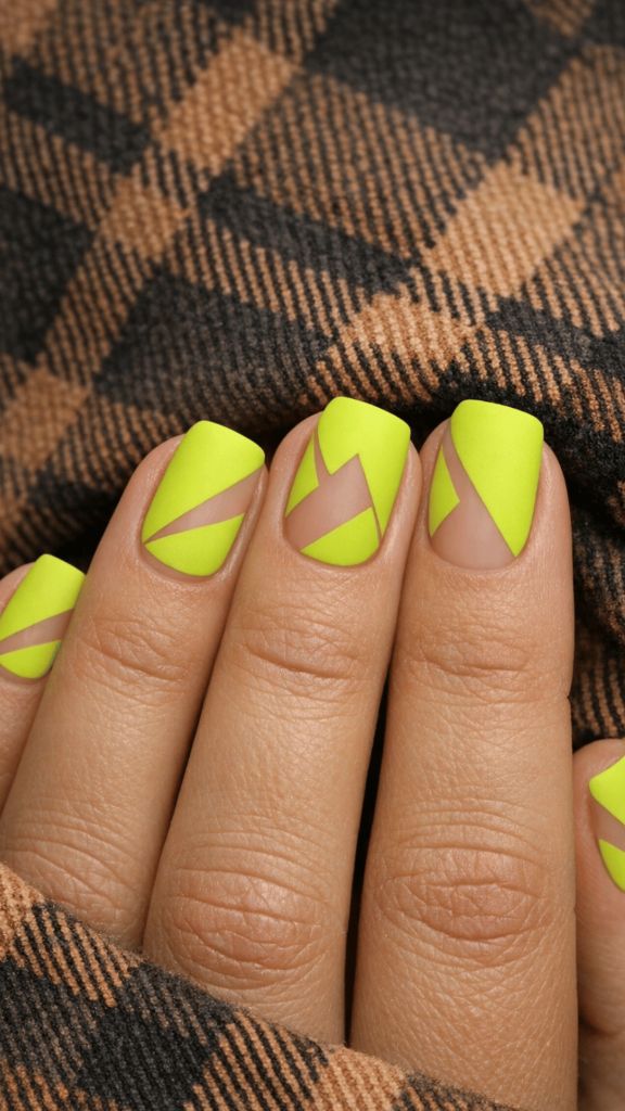 Neon yellow nails with geometric negative space design
