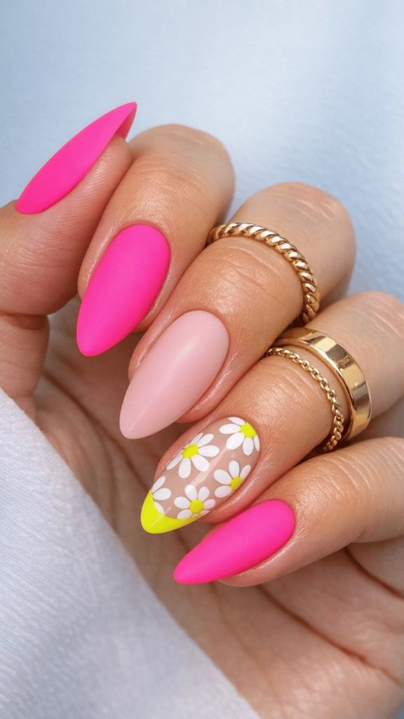 Hot Pink Daisy Oval Nails