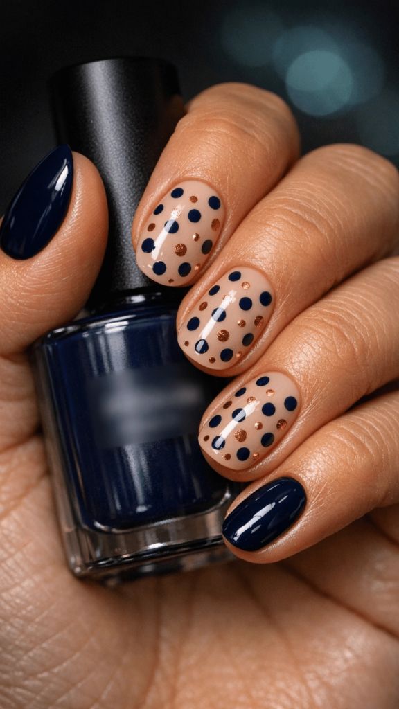 Navy nails with nude and navy polka dot accent nails