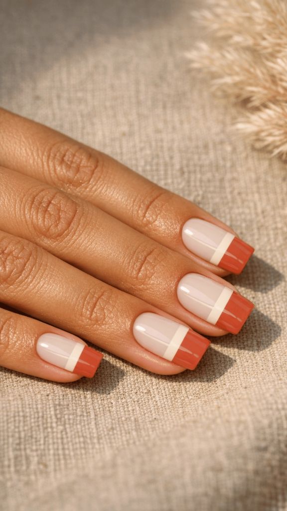 Square nails with a clean nude-cream base and bold terracotta-coral block tips