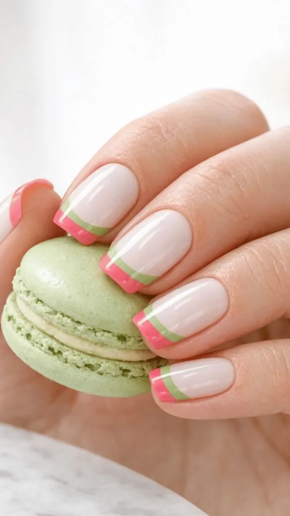 Short square nails with pink and green double French tips