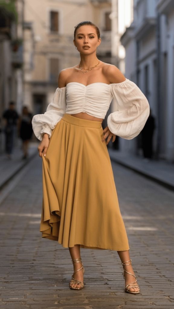 White off-shoulder balloon sleeve crop top with mustard midi skirt and gold sandals